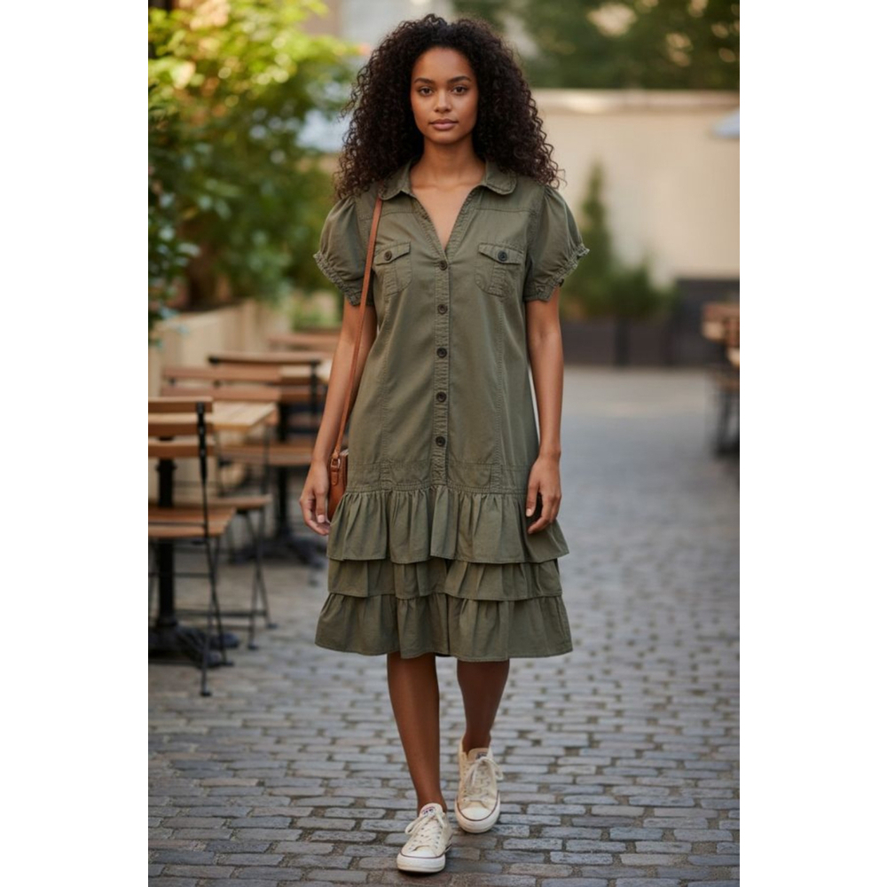 Women's Venus Olive Green Ruffle Tiered Shirt Dress 10